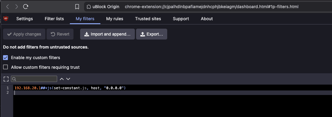 Configuración de uBlock Origin mostrando el filtro personalizado